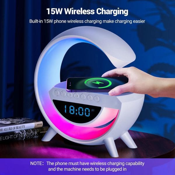 4 in 1 LED Wireless Charging Alarm Clock - 15W Fast Wireless Charger, RGB Night Light, Bluetooth Speaker & Digital Clock